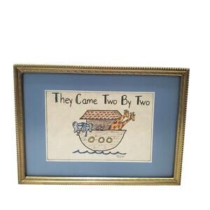 Vtg Noah's Arc They Come By Two Framed Matted Signed Drawing 5x7 Nursery Art